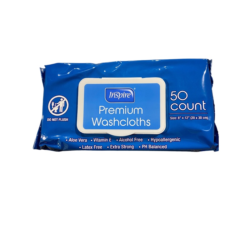 Inspire, Adult Wet Wipes, Wash Cloths, Incontinence, Cleansing, Elderly, 8×12 (50 Count)