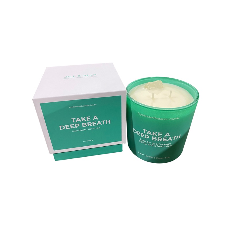 Take A Deep Breath, Crystal, Manifestation, Candle, Ocean Mist, Clear Quartz, 14oz