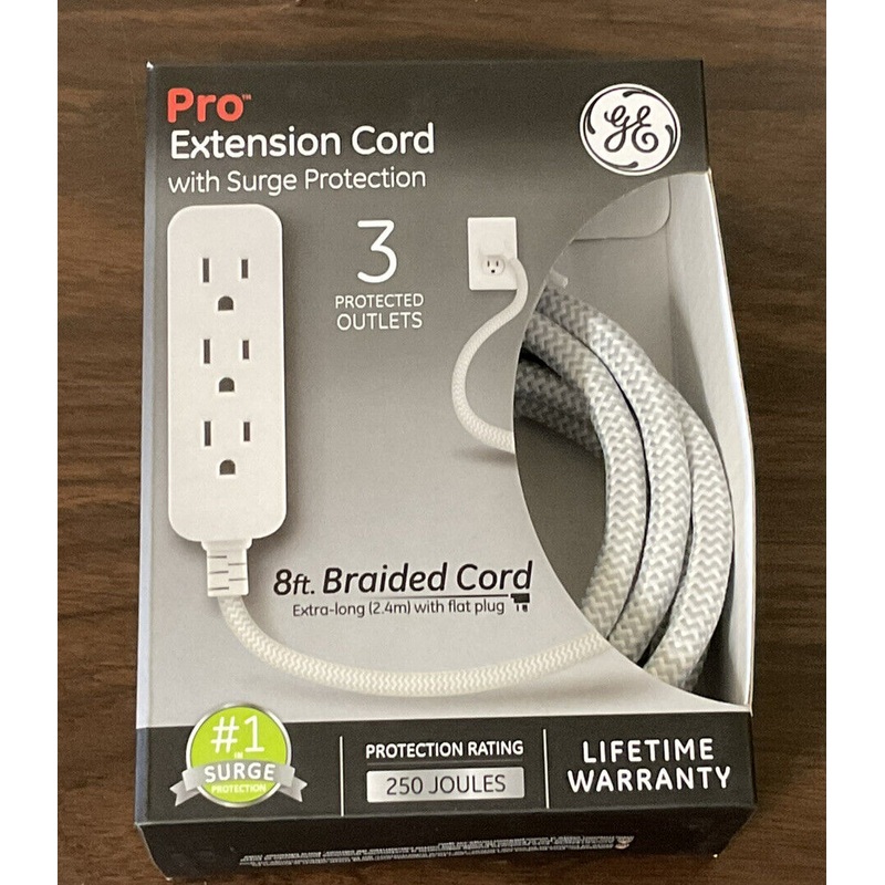GE Pro Extension Cord with Surge Protection 8 ft braided cord 3 outlets