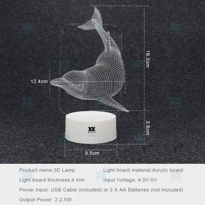HUI YUAN Animal Dolphin 3D Lamp Stunning Visual Three-Dimensional Light Effect USB 7 Color Change Creative Night Light