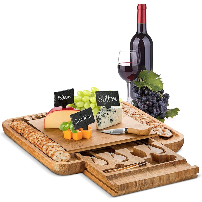 Smirly Cheese Board and Knife Set: 13 x 13 x 2 Inch Wood Charcuterie Platter for Wine, Cheese, Meat