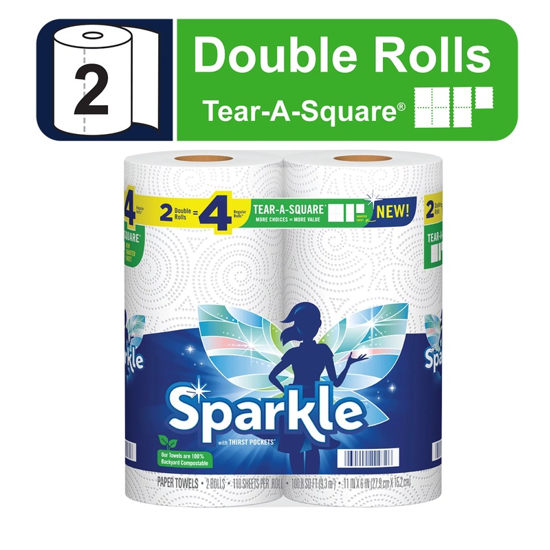 Sparkle Tear-A-Square Paper Towels, White, 2 Double Rolls STORE PICKUP ONLY
