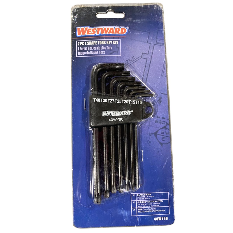 WESTWARD, Torx, Key, Set, Long, 40WY90, 7 Pieces, T10/T15/T20/T25/T27/T30/T40 Tip Size, Plastic Holder, 2 Tips