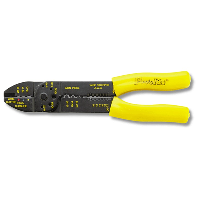 All-in-one wire terminal crimping tool with wire stripper and cutter, 22-10 AWG