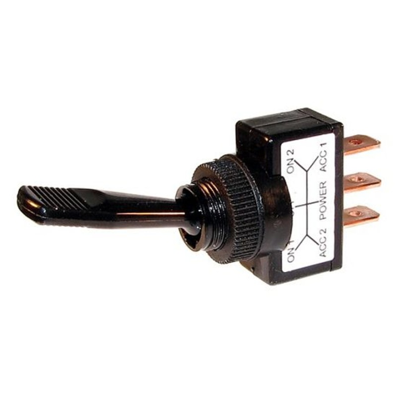 Black non-illuminated toggle switch – 20 amp, 12 volt, S.P.D.T. on / off / on – SINGLE