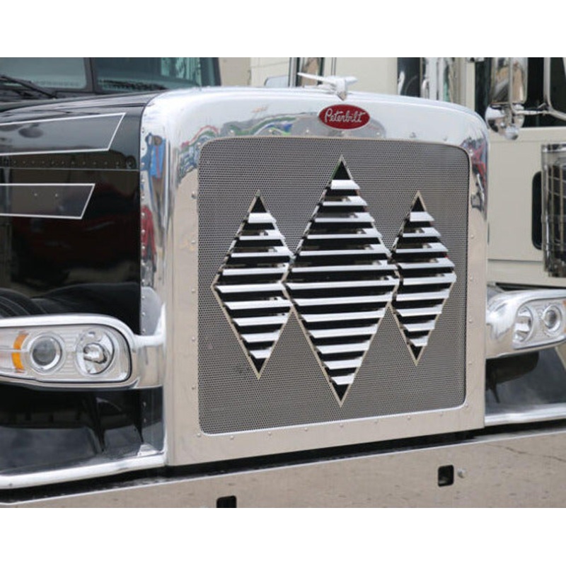 Peterbilt 388 / 389 extended hood stainless steel triple diamond louvered grill