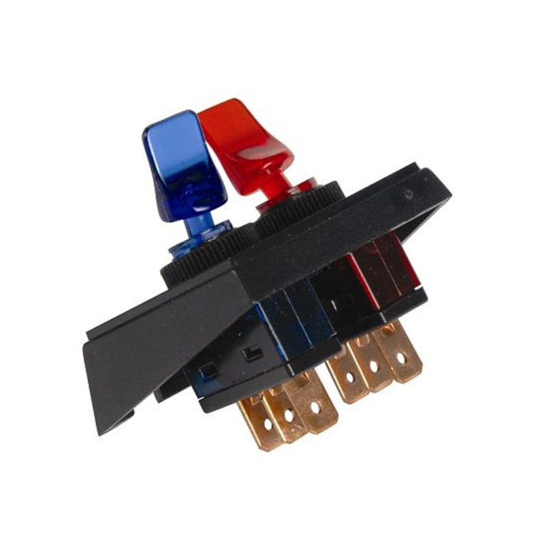20 AMP @ 12 volt S.P.S.T. illuminated On/Off red & blue duckbill switches in panel mount combination, 1 set