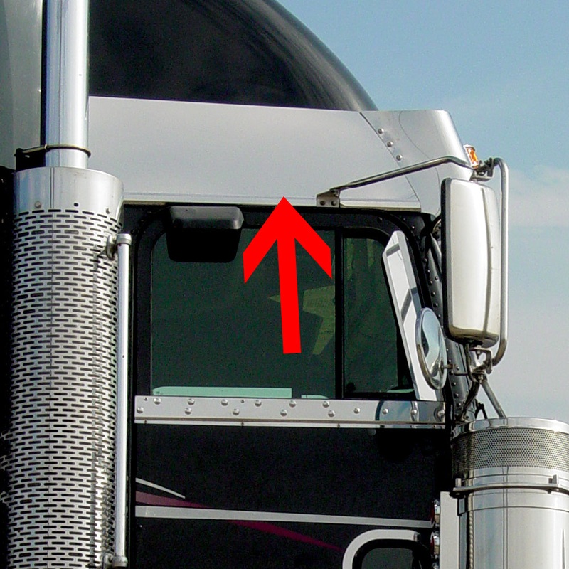 Freightliner Classic/FLD condo w/cab mounted mirrors stainless steel above door trim – PAIR