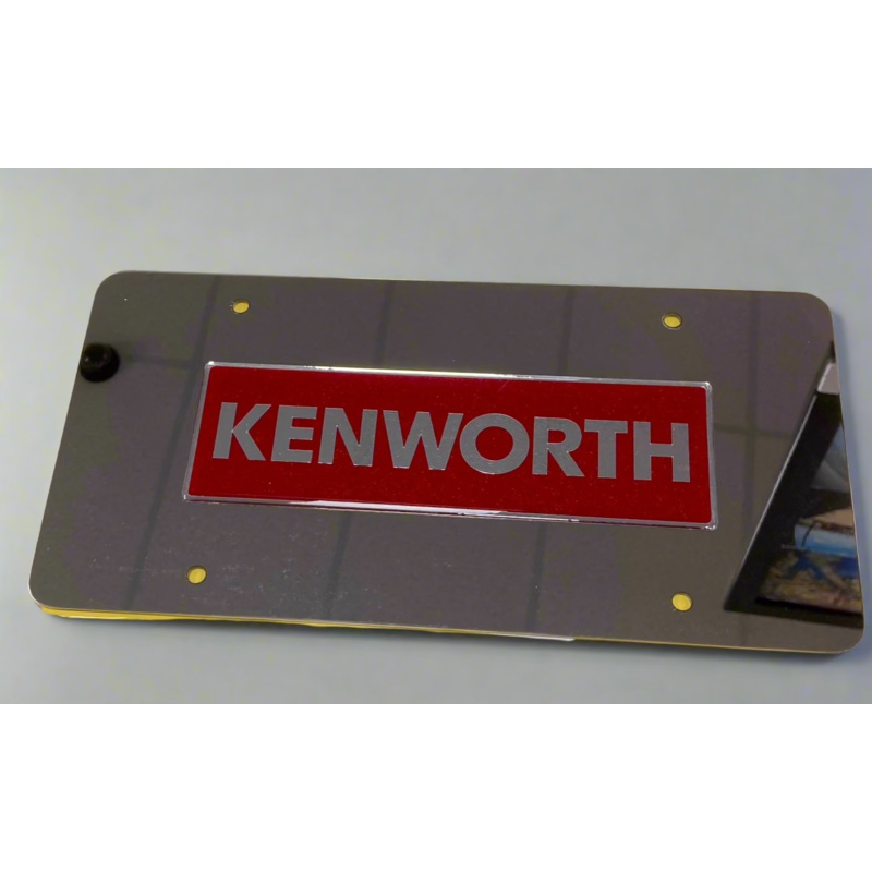 Kenworth stainless steel license plate with red rectangular logo