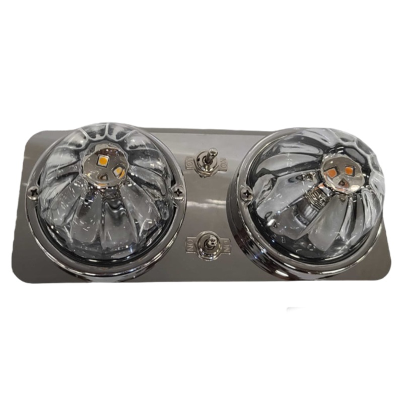 Peterbilt 379 stainless steel dome light plate with 2 light holes and 2 toggle switch holes