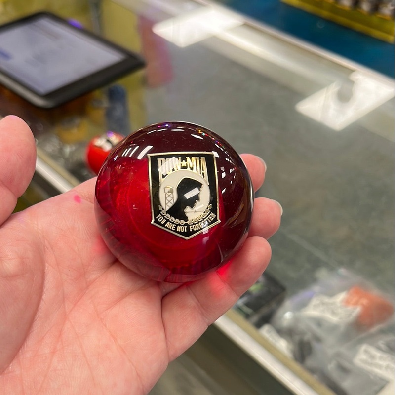 POW MIA embedded emblem 2.25 diameter round gear shift knob w/ 1/2 x 13 adapter – TRANSLUCENT RED