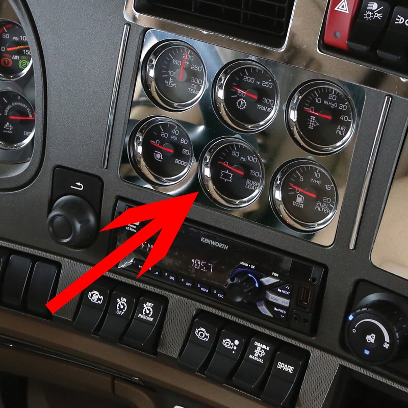 Kenworth T680/T880 stainless steel 6-gauge cluster above radio trim