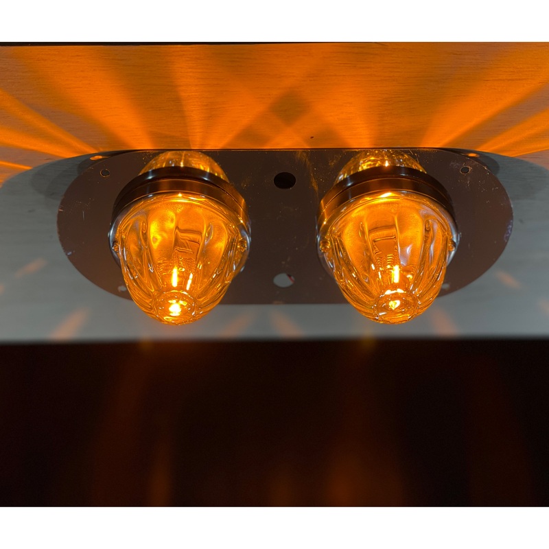 Peterbilt 359 / 379 / 389 or Kenworth W900L stainless steel above door dome light plate w/2 watermelon light holes, with 2 switch holes