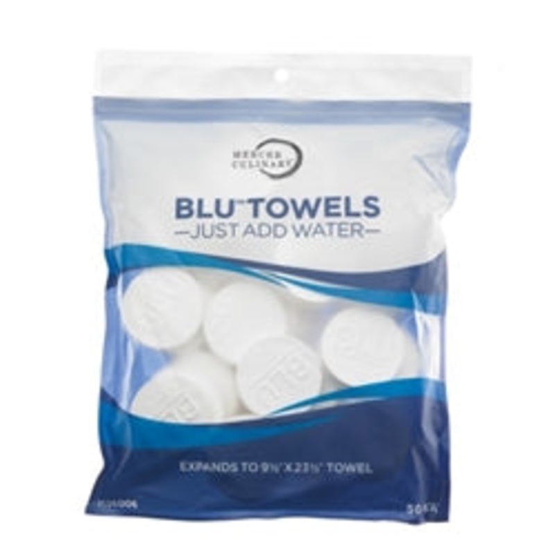 BLU Towels, reusable, , 9 1/2 x 23-1/2 towel when hydrated, 100% biodegradable/compos – table, 100% non-woven cotton, white (50/PK) – MTOM36006