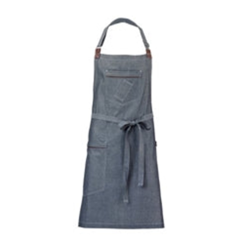 Flannery Bib Apron, 30-3/4 x 34-1/4, 43 ties, (2) large pockets, angled pencil pocket, leather towel holder, leather accents on pockets