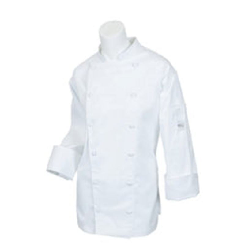 Women’s Chef Jacket, Cloth Buttons White, Med Poly Cotton
