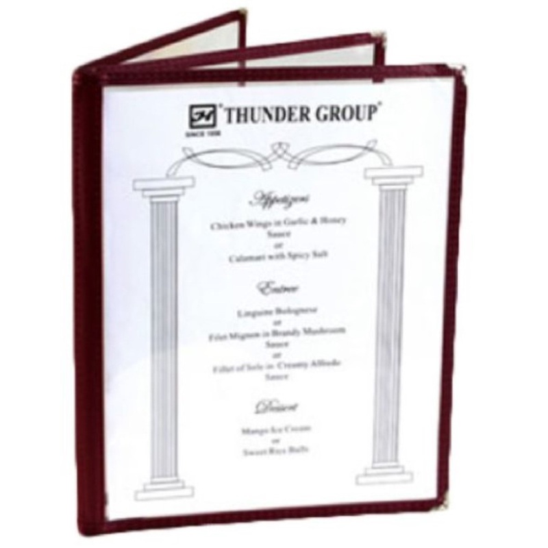 Thunder Group – Menu Cover, Clear 3 Panel Booklet Style 8 1/2 x 11 – Maroon Trim – PLMENU-L3MA
