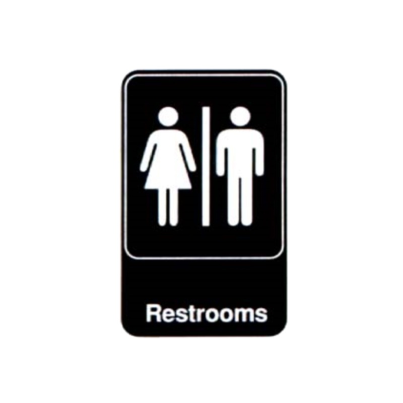Vollrath Sign, Restrooms 6 x 9 White On Black – 5617