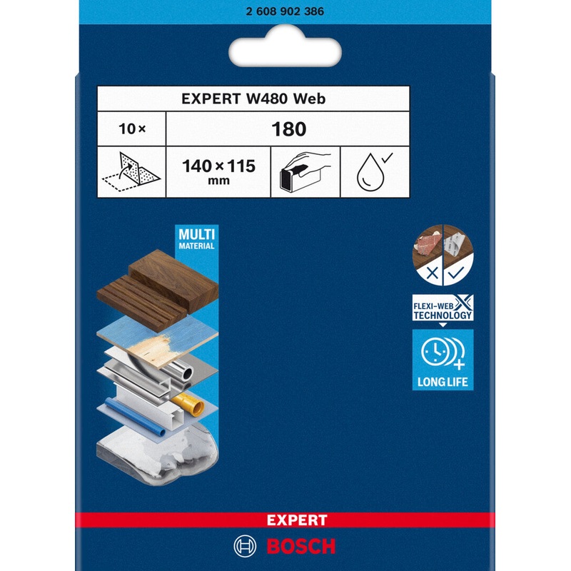 Bosch EXPERT W480 Web 1/4 Hand Sanding Sheet 115x140mm G180 2608902386