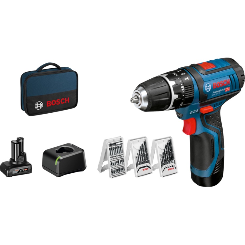 Bosch GSB 12V-15 (1x GBA 2.0Ah, 1x GBA 4.0Ah, GAL 12V-20, 39 accessories, Tool Bag) 12V Combi Cordless 06019B697K