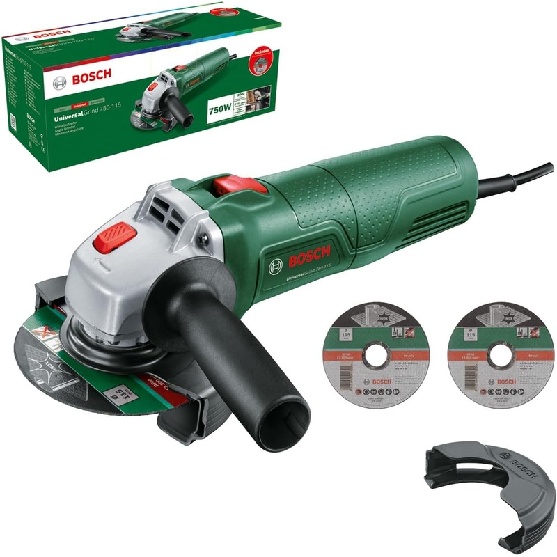 Bosch UniversalGrind 750-115 Angle Grinder 240V (750 W; 3X Straight Cutting Discs; for Grinding, Cutting, Brushing and Sanding) 06033E2071
