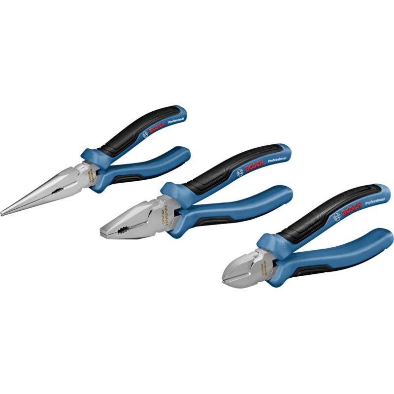 Bosch Professional Plier Set (1x 200mm Long Nose, 1x 180mm Combination, 1x 160mm Diagonal Cutter, carton) 1600A016BG