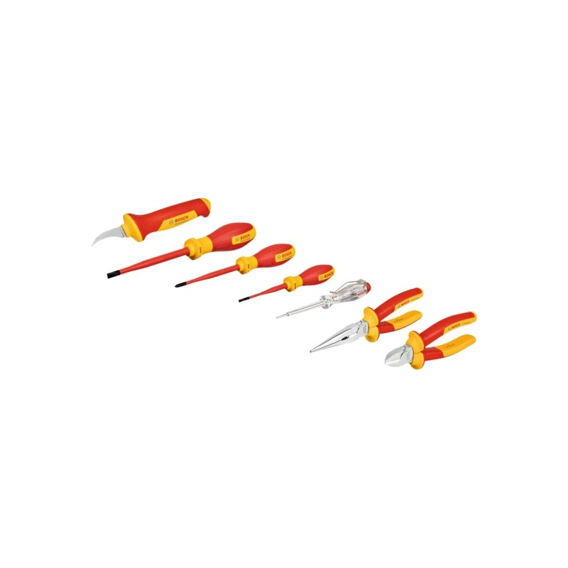 Bosch VDE Mixed Set (7 pcs: SL 3.5, SL 6.5, PH 2, Diagonal Side Cutter 160mm, Long Nose Pliers Straight 200mm, Voltage tester, Dismantling Knife, carton) 1600A02NG3