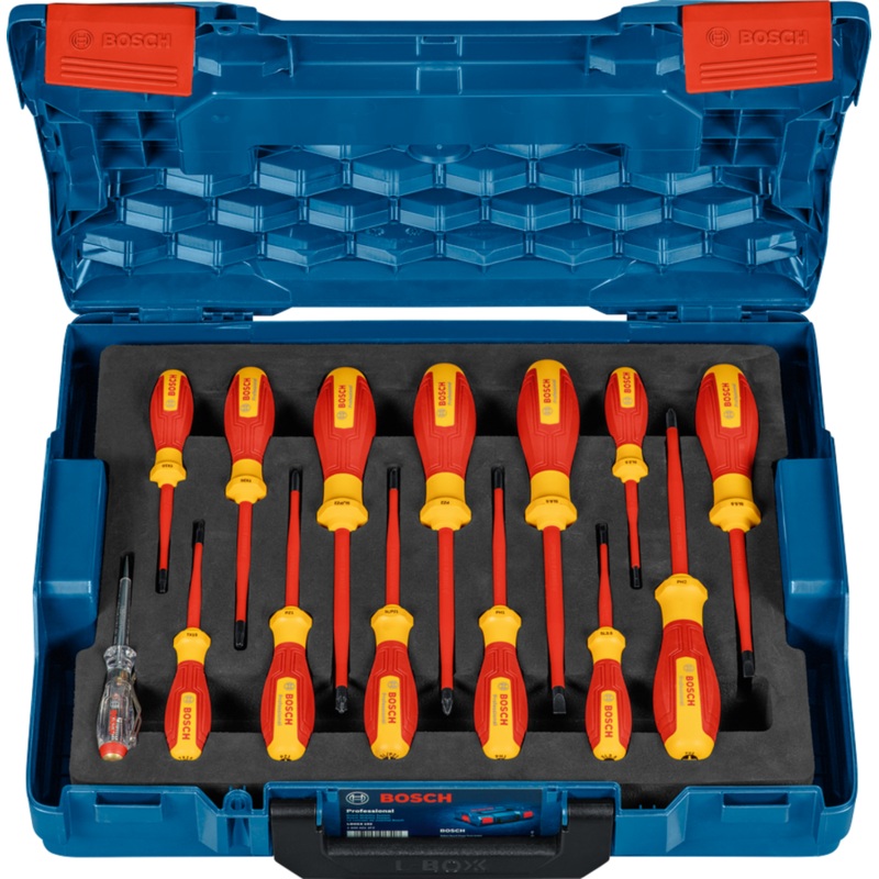 Bosch VDE Screwdriver Set (14pcs: SL 2.5, SL 3.5, SL 5.5, SL 6.5, PH 1, PH 2, PZ 1, PZ 2, SL/PZ 1, SL/PZ 2, TX 10, TX 15, TX 20, Voltage Tester, L-BOXX) 1600A02NF9