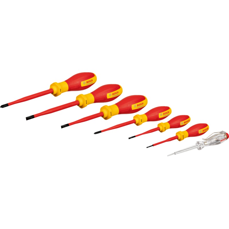 Bosch VDE Screwdriver Set (7pcs: SL 2.5, SL 3.5, SL 5.5, SL 6.5, PH 1, PH 2, Voltage Tester, carton) 1600A02NF7