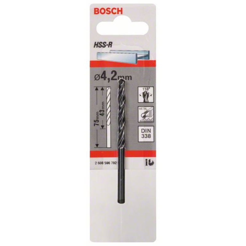 Bosch HSS R metal drill bits. DIN 338 4.2 x 43 x 75 mm 2608596792