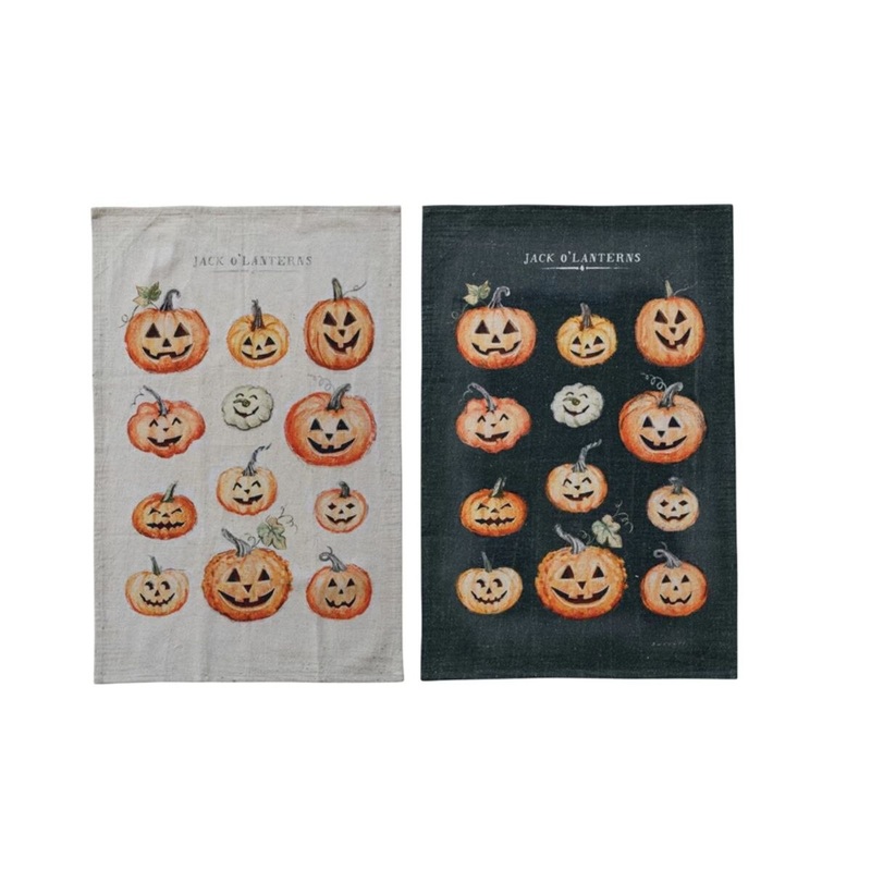 Cotton & Linen Printed Tea Towel w/Jack-O-Lanterns
