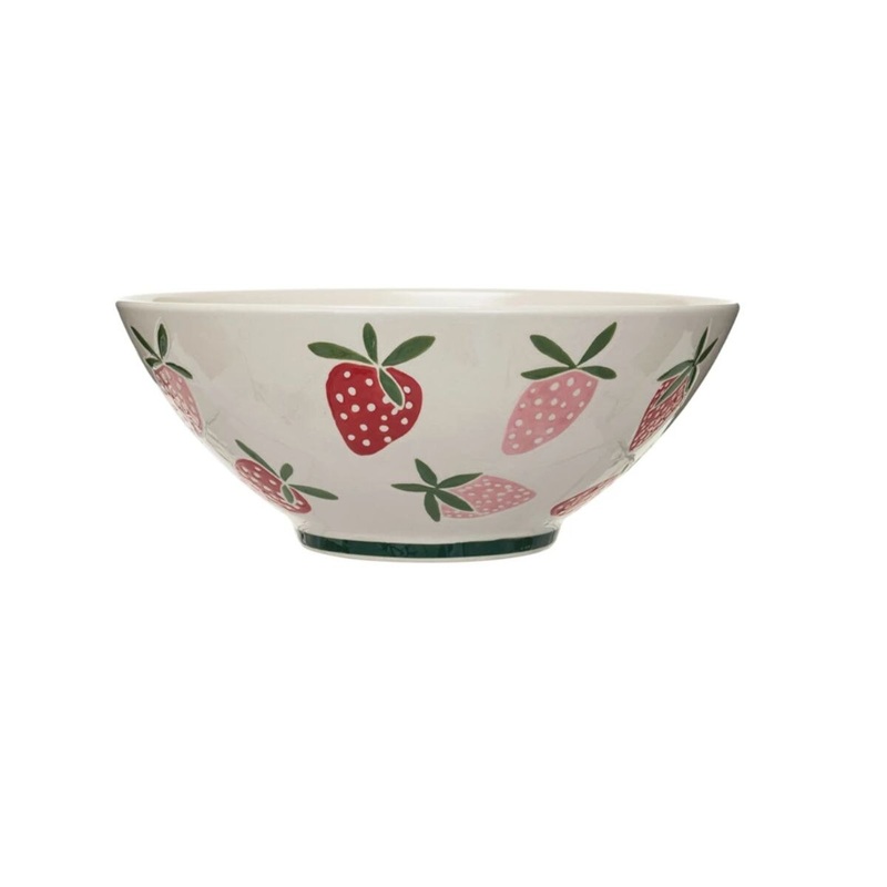10.5 Hand-Painted Stoneware Bowl w/ Wax Relief Strawberries