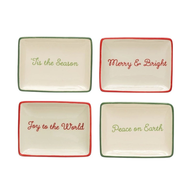 Stoneware Dish w/ Holiday Words & Red/Green Rim Cream Color