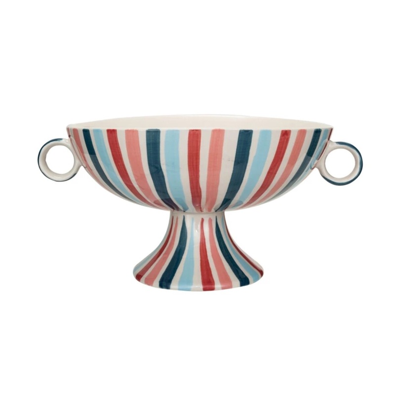 Stoneware Footed Bowl w/ Handles & Stripes