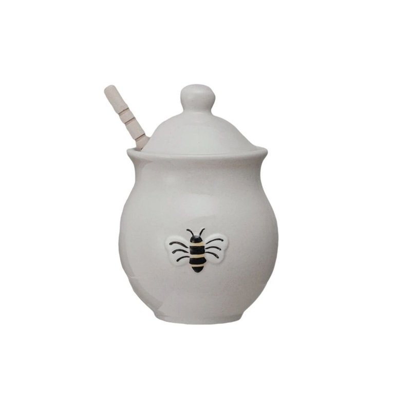 Stoneware Honey Jar w/ Bee & Wood Dipper