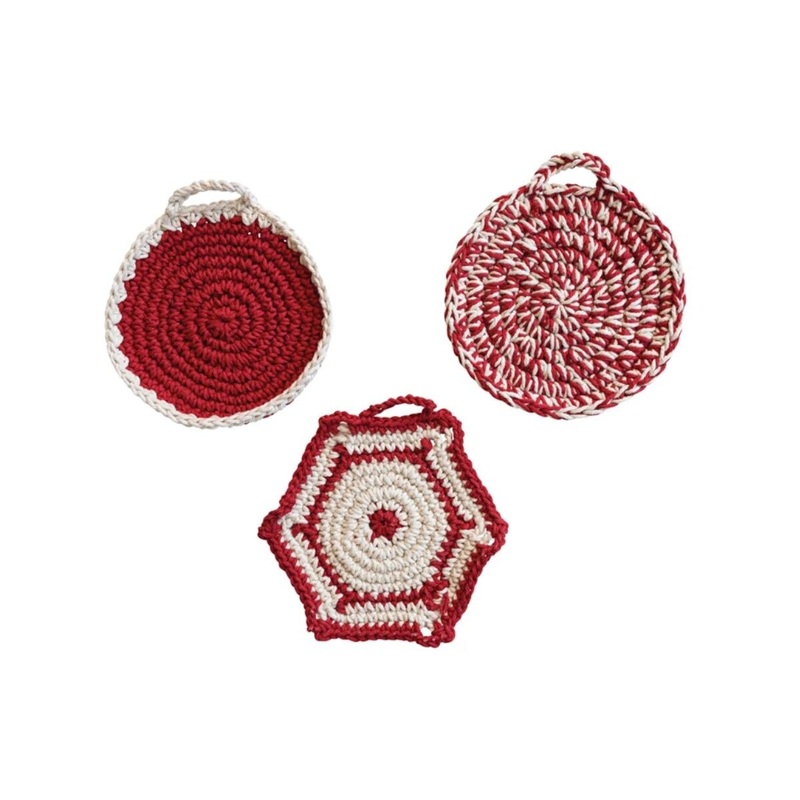 Cotton Crocheted Pot Holder Red & White