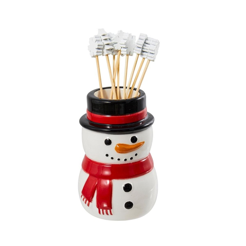 5.25 Snowman Tooth Pick Holder with Snowflake Picks