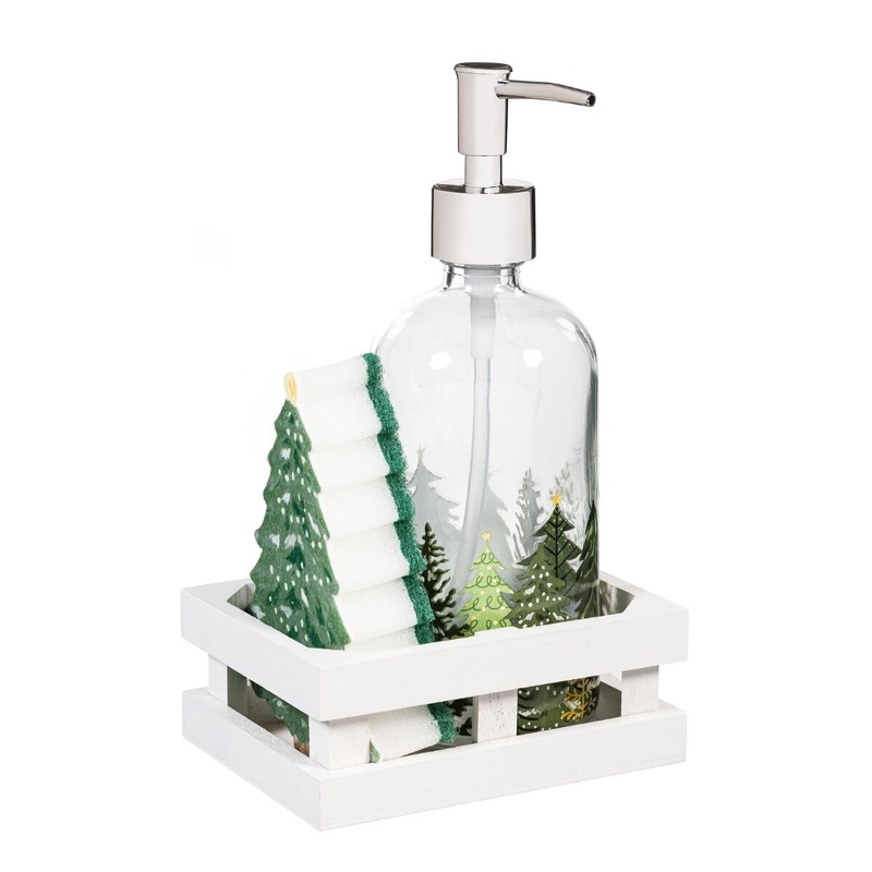 Shades of Green Kitchen Gift Set Glass Soap Dispenser and Sponge with Wood Crate Set