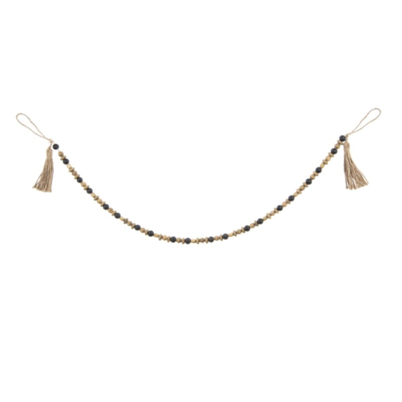 Multi Size Natural & Black Wood Beaded Garland with Tassel