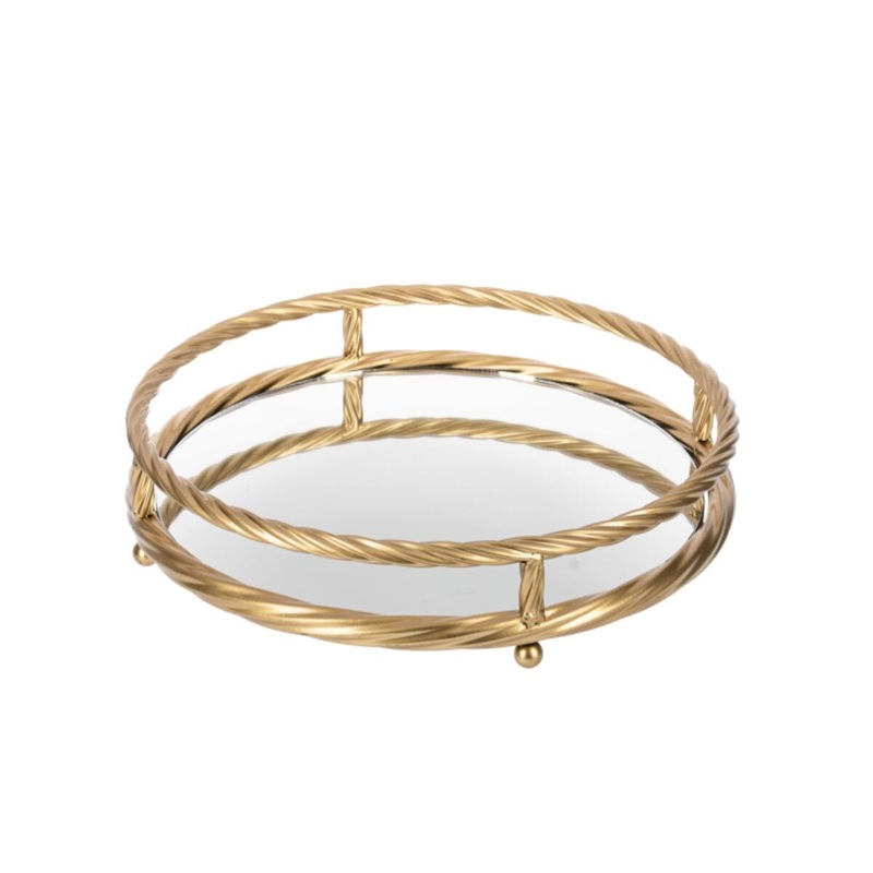 Round Gold Twisted Frame Tray with Mirror Inlay- Small