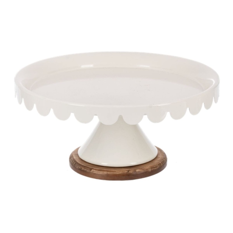 White Scallop Pedestal Stand with Wood Base- Large