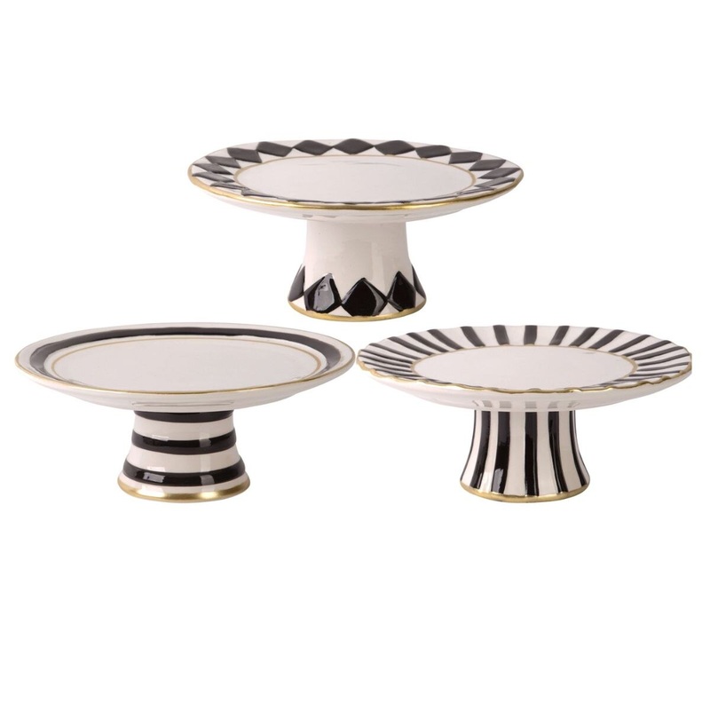 8 Round Blk/Wht Embossed Cake Stand w/Gold