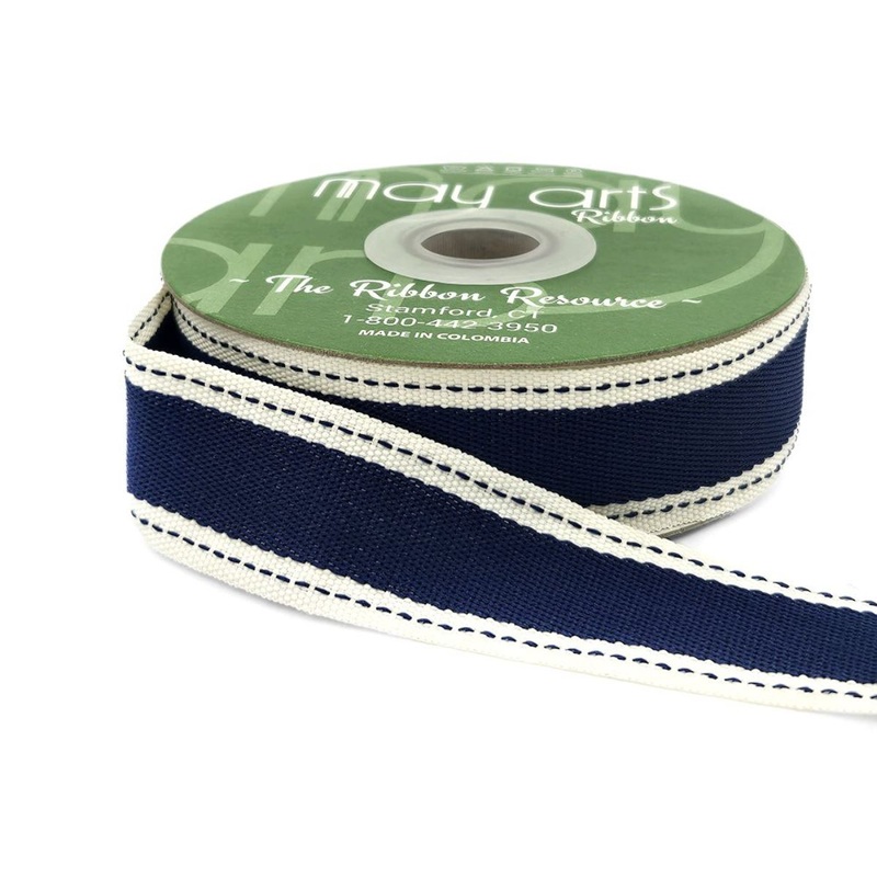 1 Solid Color Band Ribbon with Natural Woven Stitched Edge- Navy