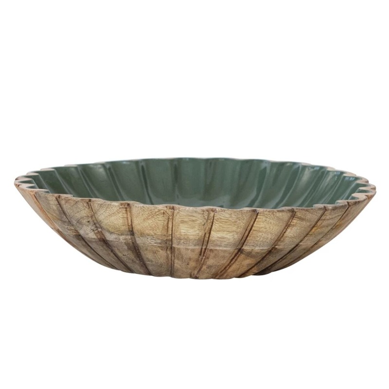 Carved Enameled Mango Wood Scalloped Bowl Green & Natural