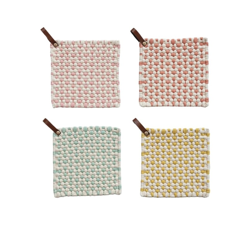 Cotton Crocheted Pot Holder w/ Leather Loop