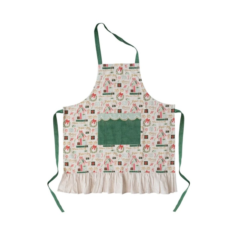 Cotton Slub Printed Apron with Holiday Pattern Pocket & Ruffle