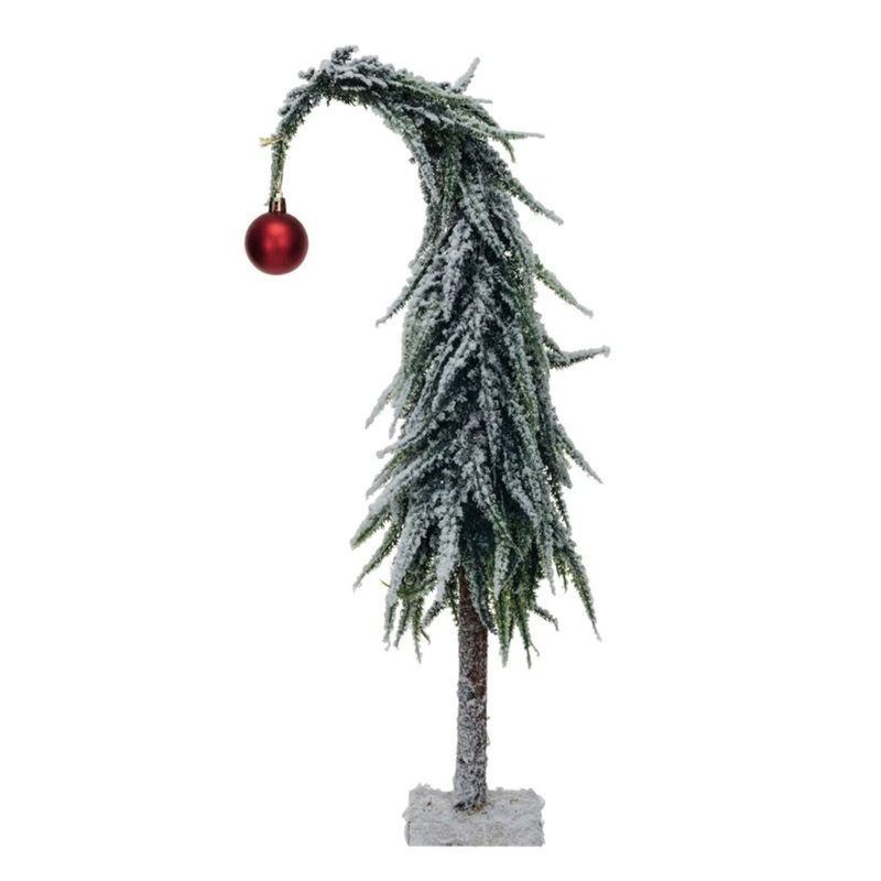Faux Evergreen Tree w/ Red Ball Ornament & MDF Base Snow Finish