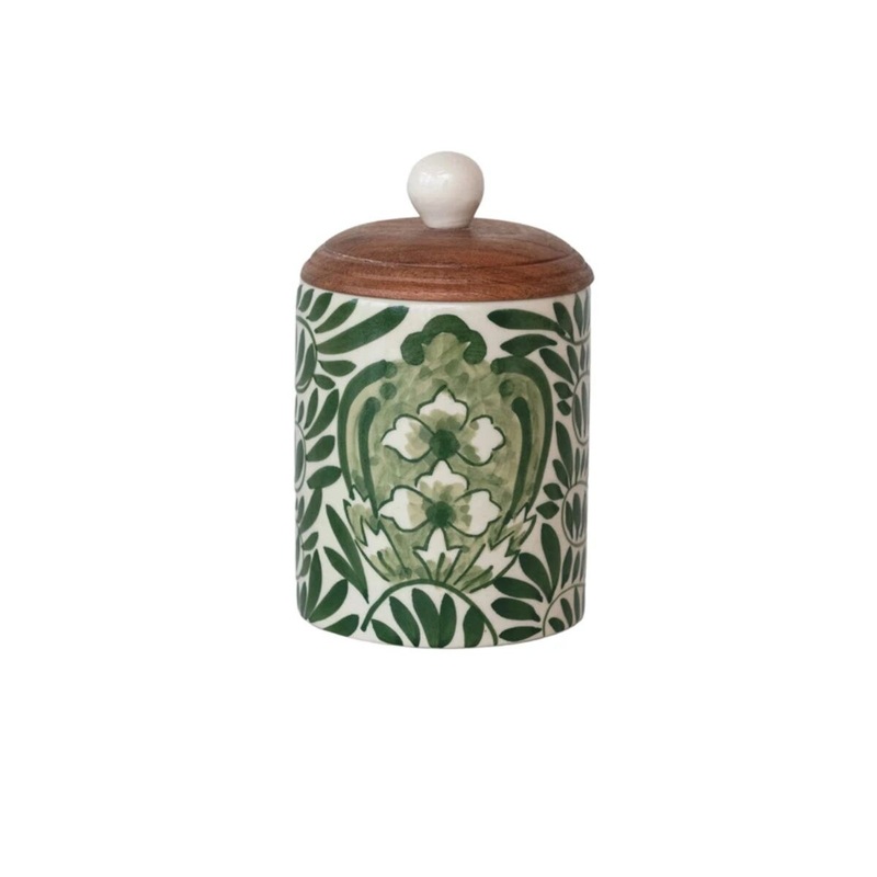 Hand-Painted Stoneware Canister w/Design & Acacia Wood Lid