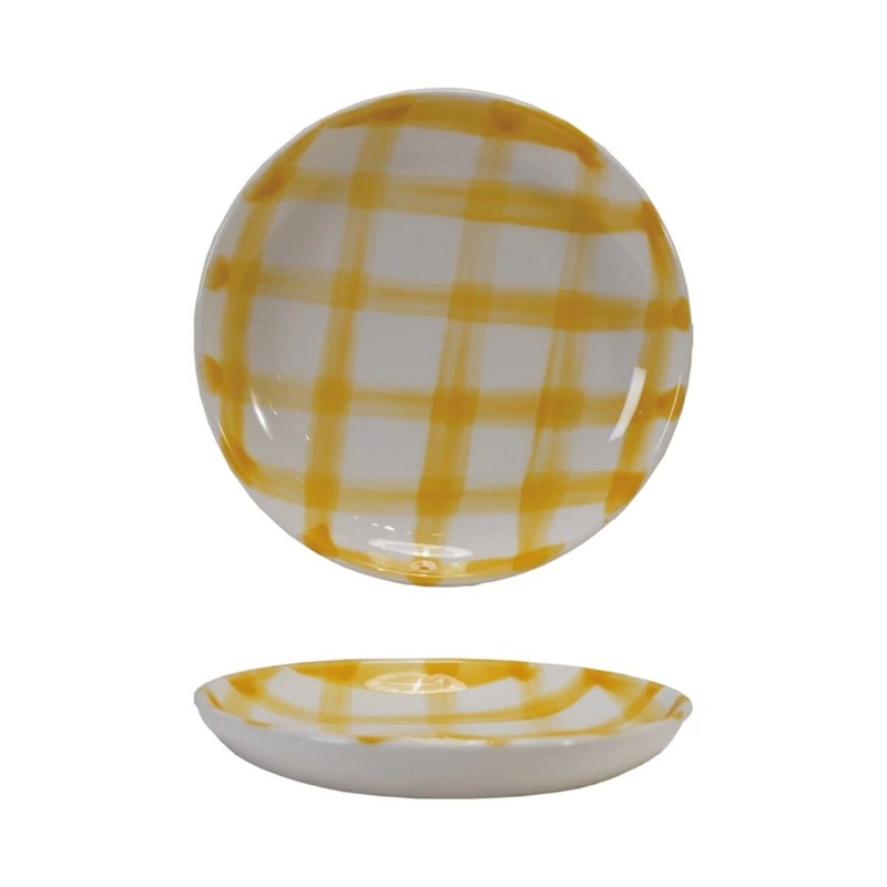 Hand-Painted Stoneware Dish with Grid Pattern
