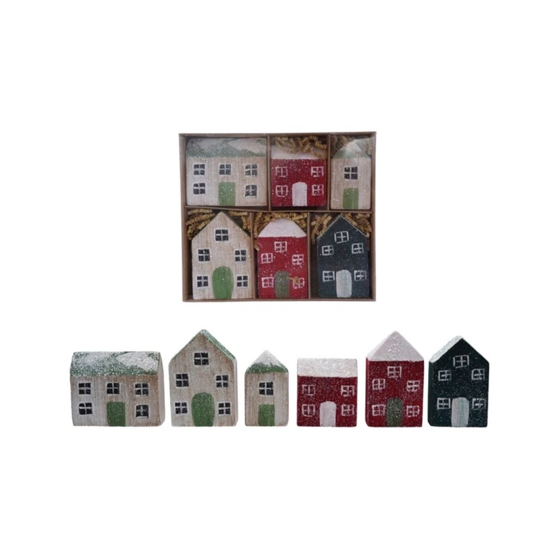 Painted Paulownia Wood Houses with Glitter (boxed set of 6)